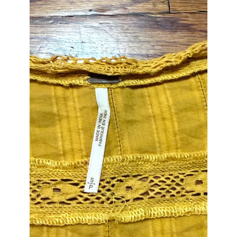 Free People Yellow Embroidered Crochet Lace Crop Top Blouse Mustard Womens Small